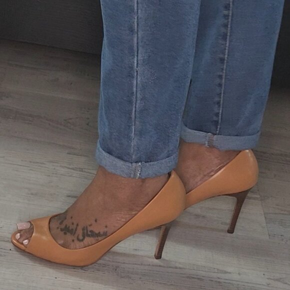 100% Leather Camel Brown Ann Taylor Open Toe Heels Size 8 - Picture 4 of 14